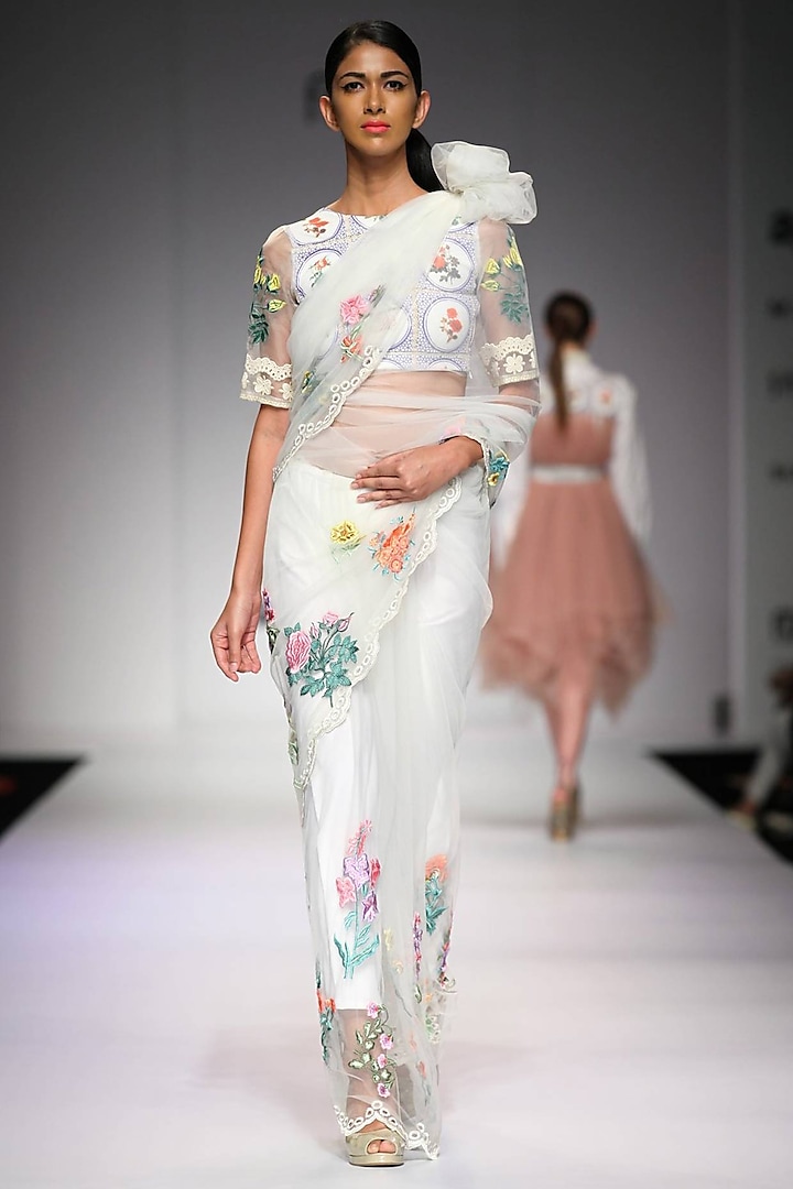 Off white floral embroidered mosaic print blouse by Archana Rao
