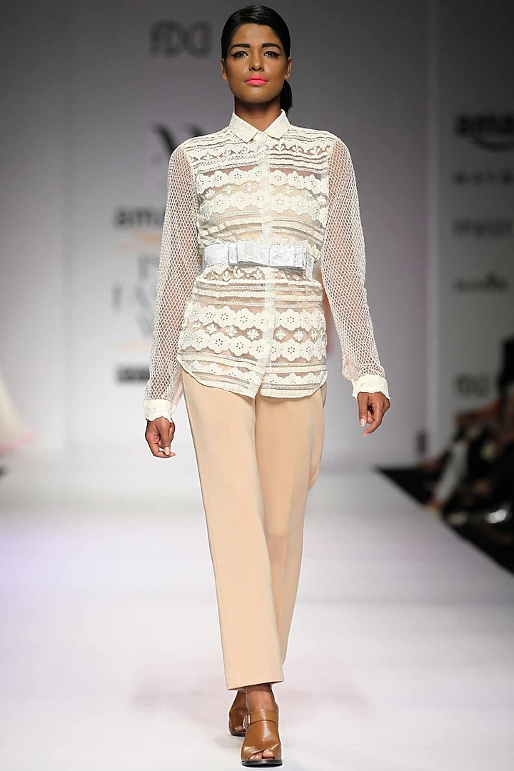 Off white lace and pearl embroidered shirt by Archana Rao