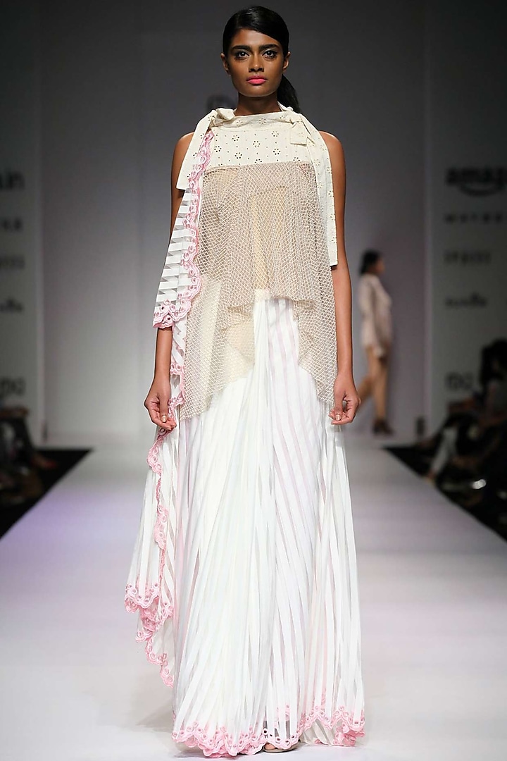 Off white pearl work high-low tie-up top by Archana Rao