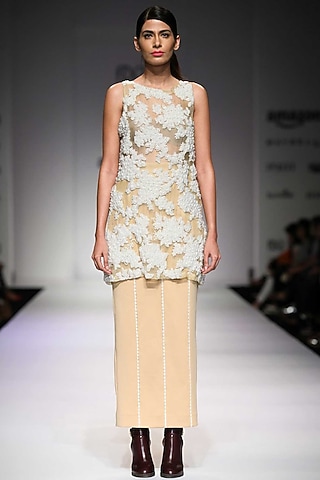 Nude lace inserts neoprene skirt by Archana Rao