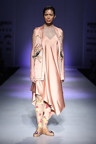 Peach Embroidered Slip Dress by Archana Rao