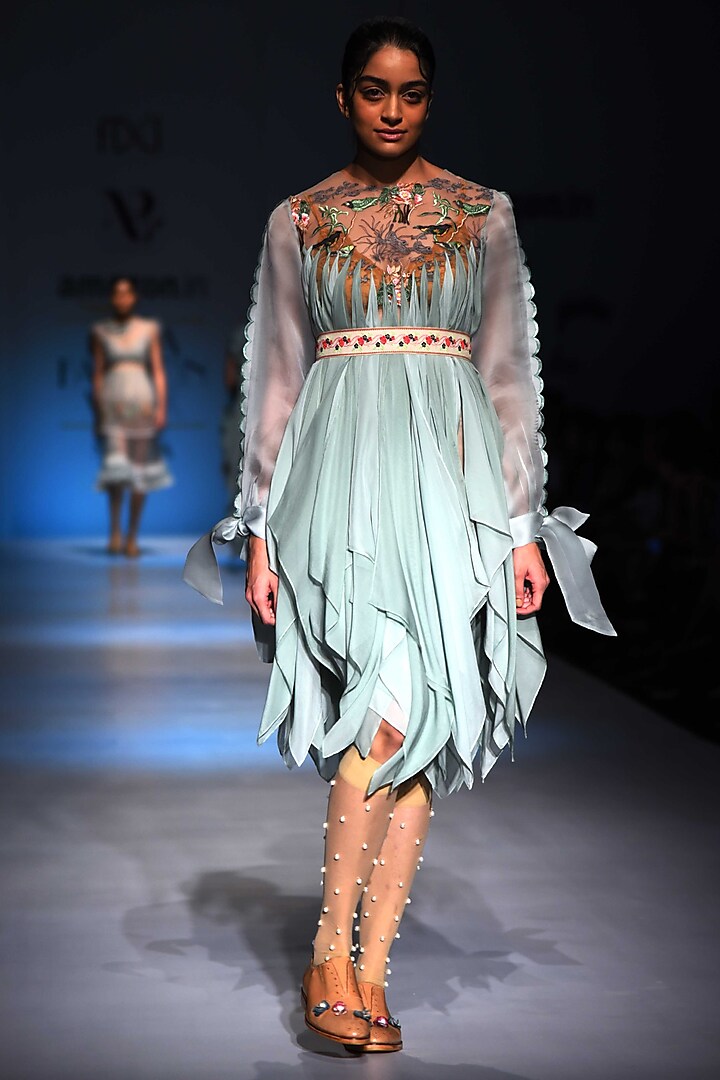 Mint Handkerchief Dress with Embroidered Belt by Archana Rao