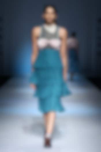 Blue Layered Pleated Dress with Pink Bustier by Archana Rao