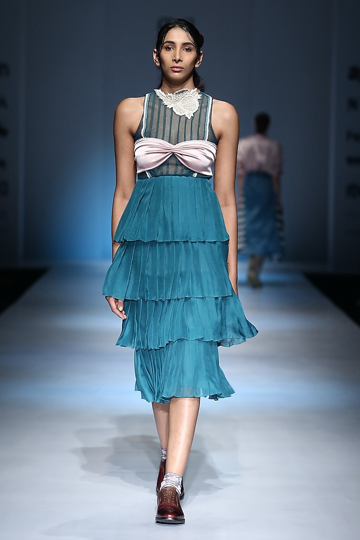 Blue Layered Pleated Dress with Pink Bustier by Archana Rao