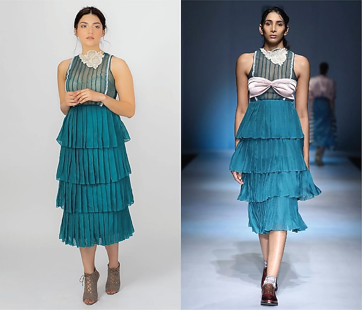 Blue layered pleated dress with pink bustier available only at Pernia's Pop Up Shop.
