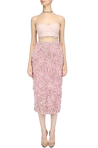 Lavender Rose Applique Work Pencil Fitted Skirt by Archana Rao