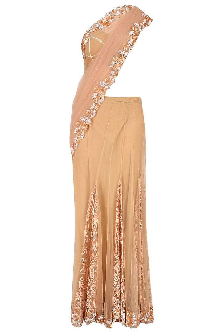 Peach embroidered kalis and tassel saree available only at Pernia's Pop Up Shop.