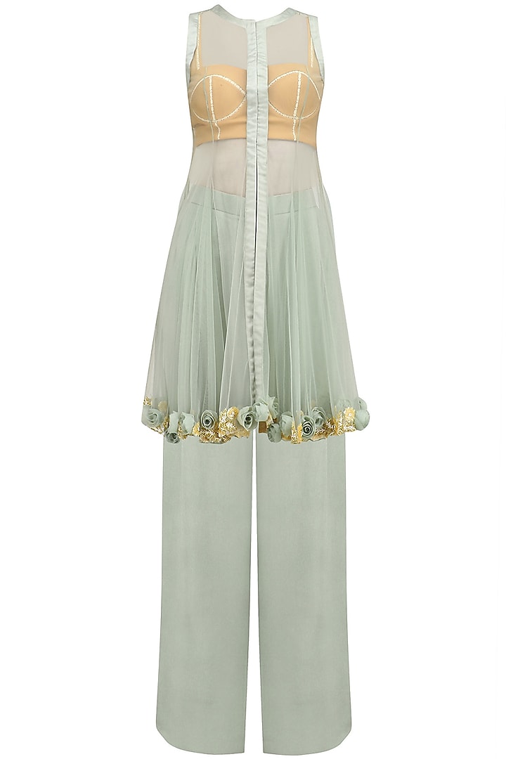 Blue Grey Rosette Embroidered Jacket, Pants and Bustier Set by Archana Rao