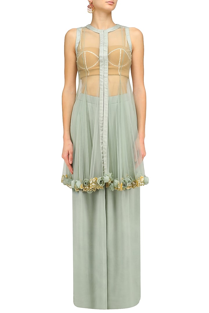 Blue Grey rosette embroidered jacket, pants and bustier set available only at Pernia's Pop Up Shop.