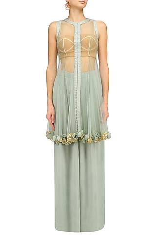 Blue Grey Rosette Embroidered Jacket, Pants and Bustier Set by Archana Rao