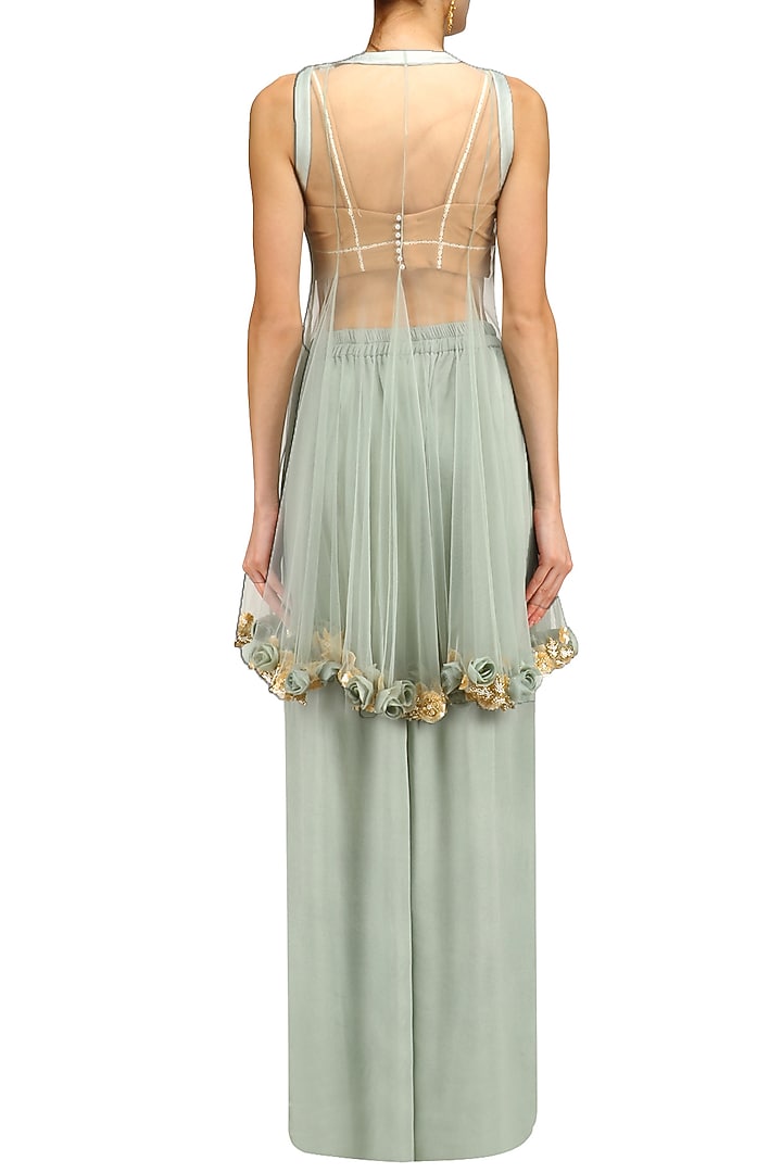 Blue Grey rosette embroidered jacket, pants and bustier set available only at Pernia's Pop Up Shop.