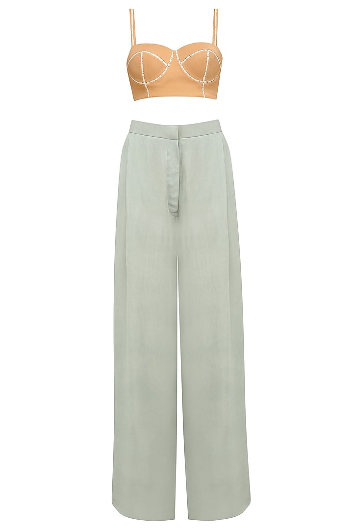 Blue Grey rosette embroidered jacket, pants and bustier set available only at Pernia's Pop Up Shop.