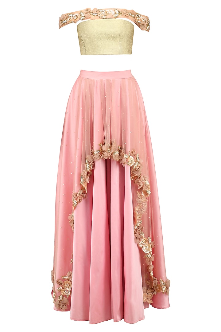 Gold Rosette Embellished Off Shoulder Blouse and Pink Skirt Set by Archana Rao