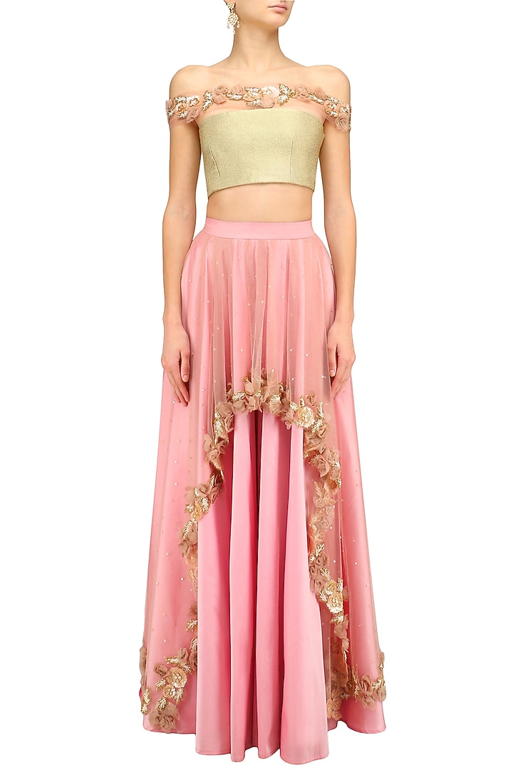 Gold rosette embellished off shoulder blouse and pink skirt set
