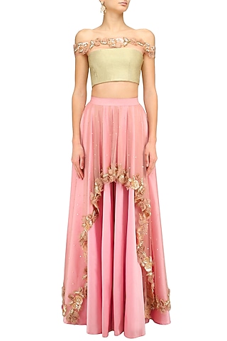 Gold Rosette Embellished Off Shoulder Blouse and Pink Skirt Set by Archana Rao
