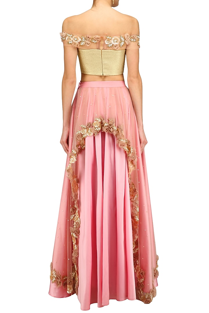 Gold rosette embellished off shoulder blouse and pink skirt set available only at Pernia's Pop Up Shop.
