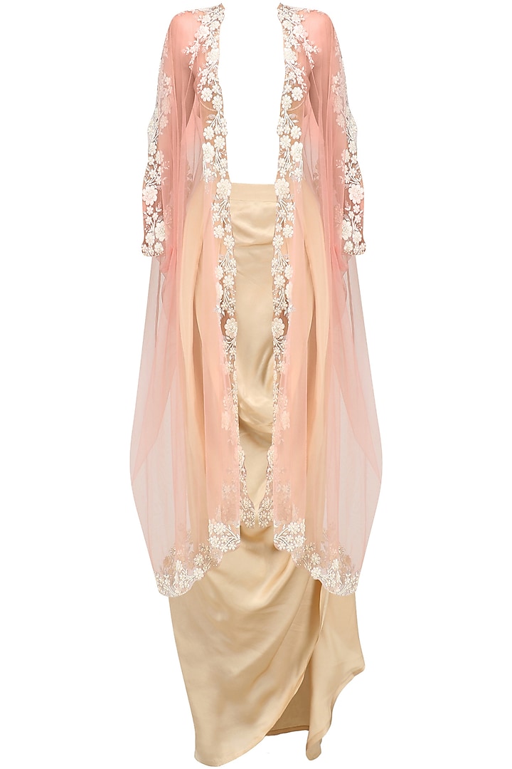Baby pink floral embroidered cape and gold drape skirt set available only at Pernia's Pop Up Shop.