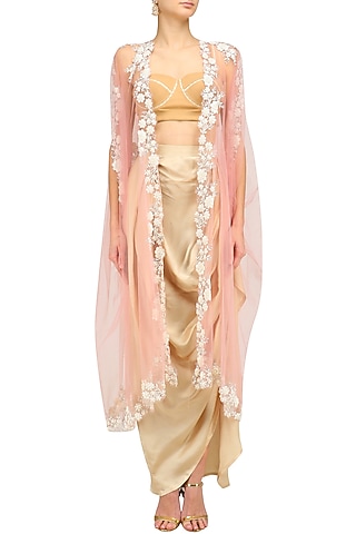 Baby Pink Floral Embroidered Cape and Gold Drape Skirt Set by Archana Rao