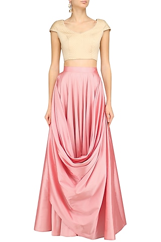 Pink Cowl Loop Pleated Skirt by Archana Rao