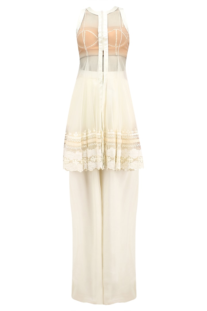 White Lace Embroidered Jacket, Bustier and Palazzo Pants Set by Archana Rao