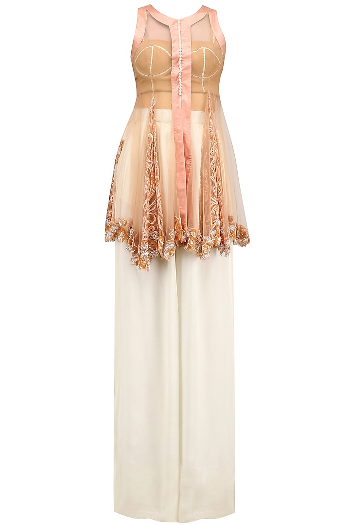 Peach Lace Embroidered Jacket, Bustier and Palazzo Pants Set by Archana Rao