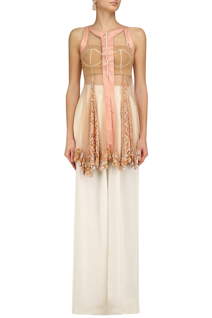 Peach lace embroidered jacket and palazzo pants set available only at Pernia's Pop Up Shop.