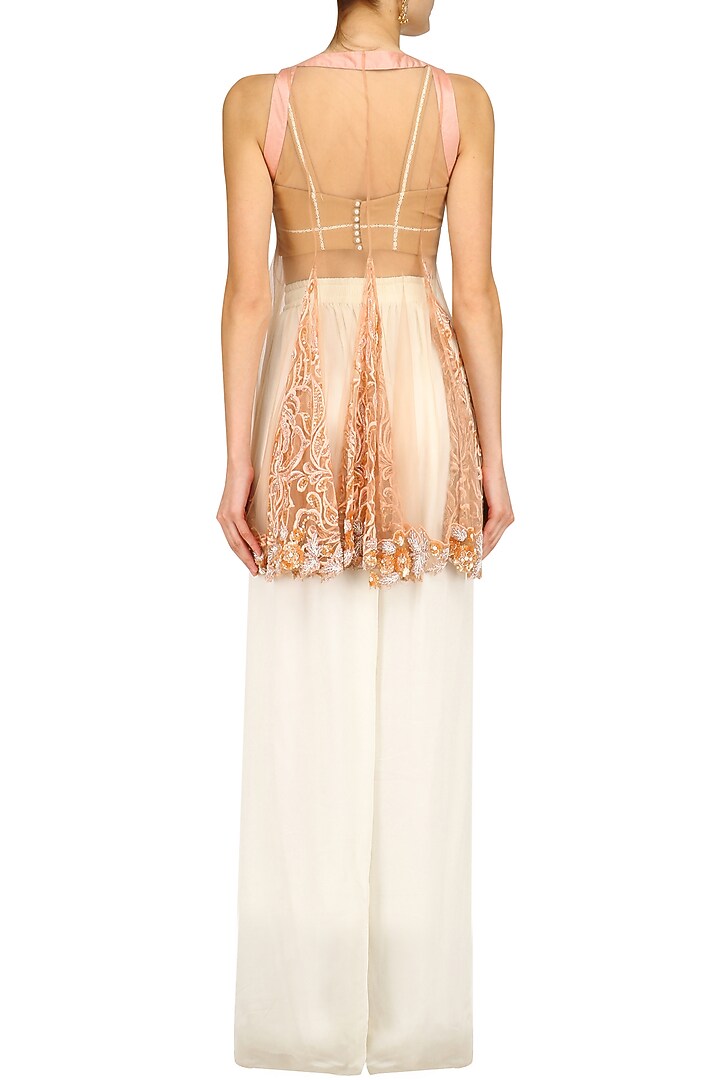 Peach lace embroidered jacket and palazzo pants set available only at Pernia's Pop Up Shop.