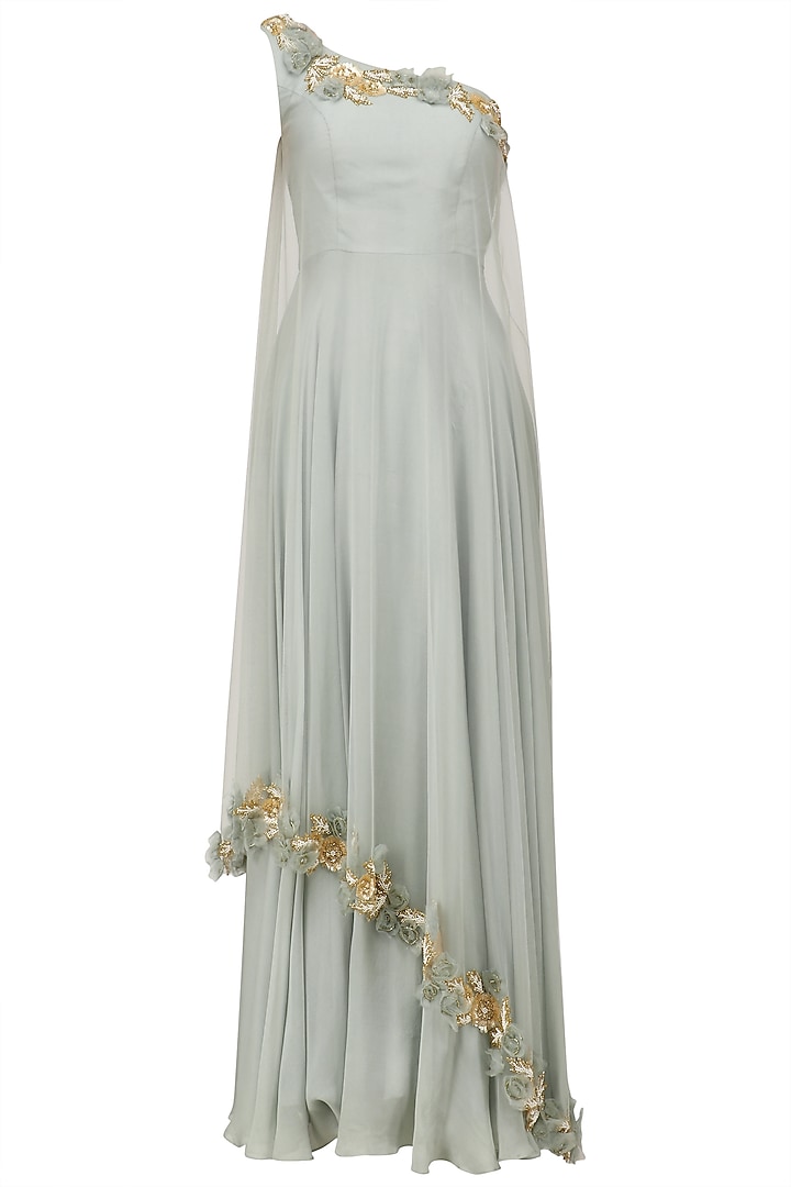 Blue Grey Rosette Embroidered One Shoulder Gown by Archana Rao
