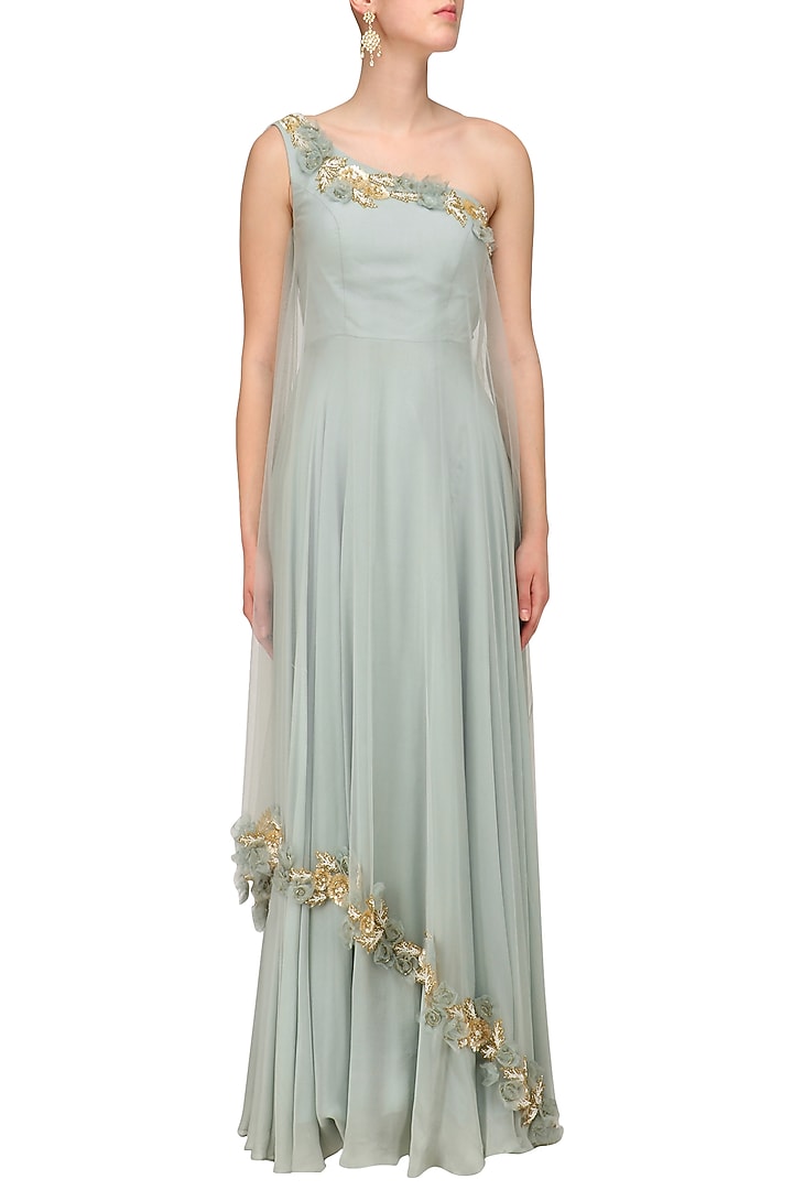 Blue grey rosette embroidered one shoulder gown available only at Pernia's Pop Up Shop.