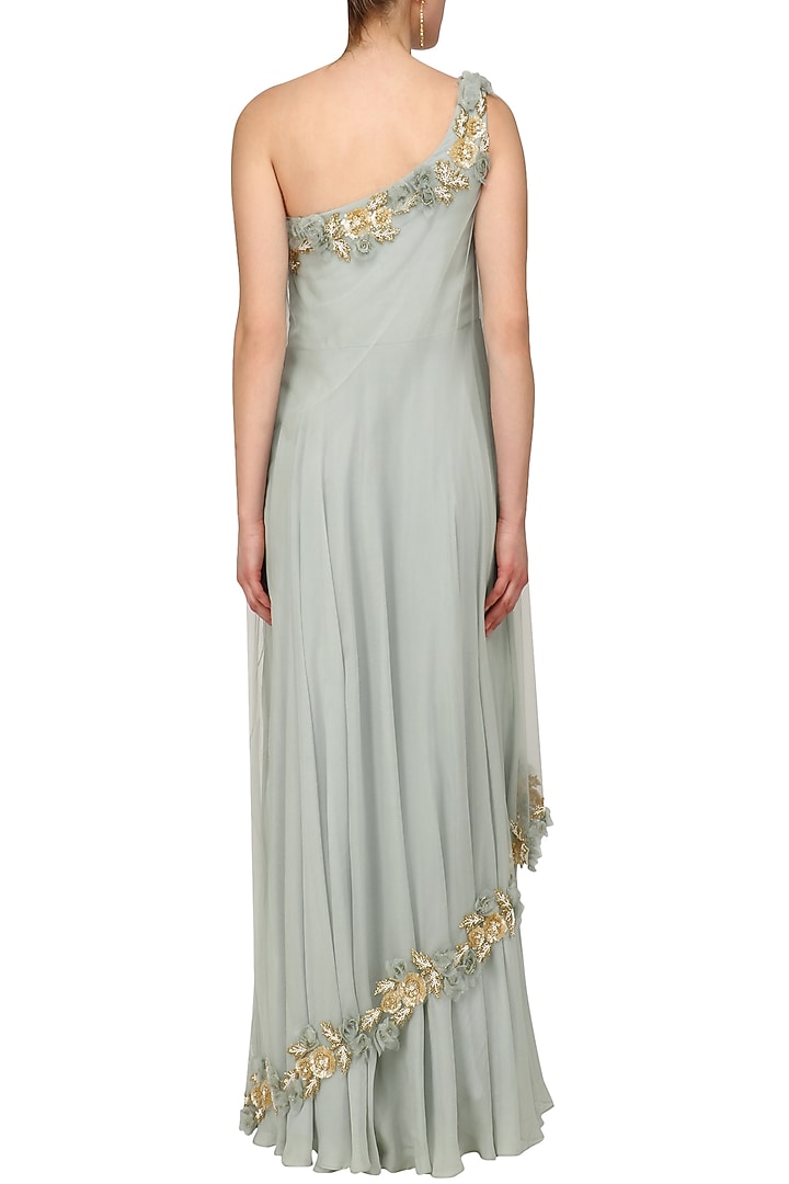 Blue grey rosette embroidered one shoulder gown available only at Pernia's Pop Up Shop.