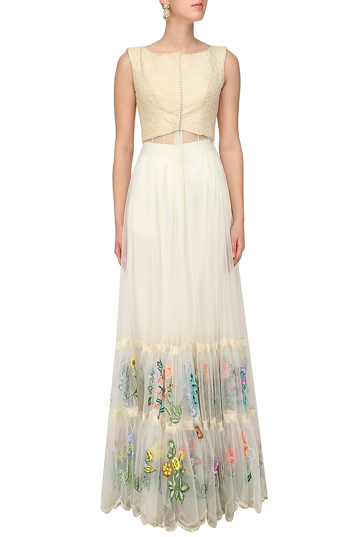 Off white floral embroidered tiered anarkali available only at Pernia's Pop Up Shop.