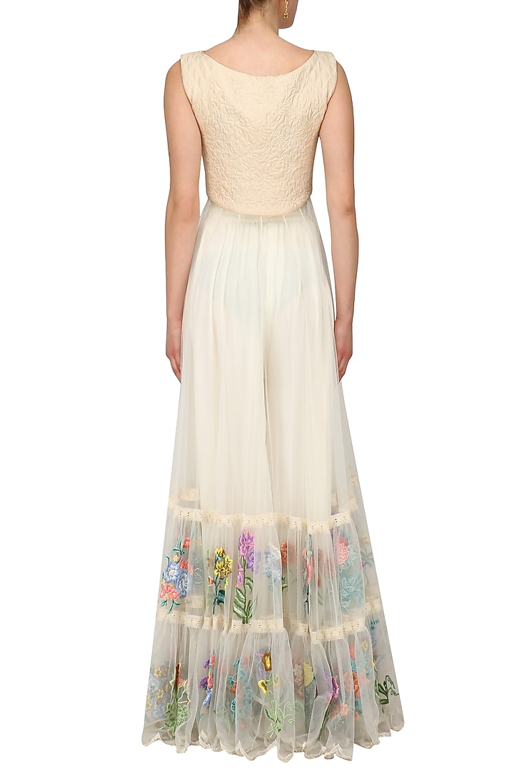 Off white floral embroidered tiered anarkali available only at Pernia's Pop Up Shop.