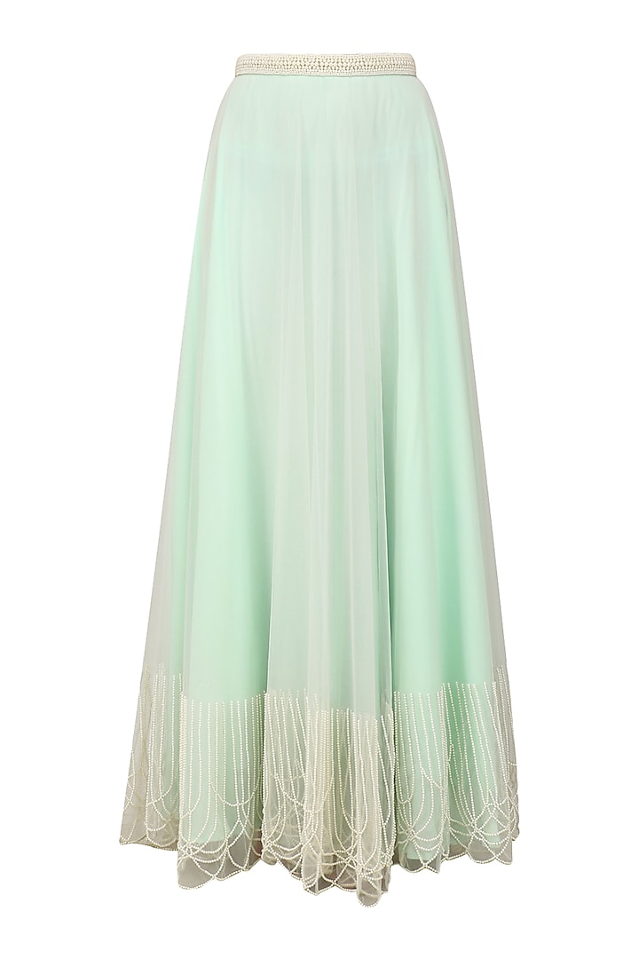 Powder Blue Pearl Embroidered Pleated Skirt by Archana Rao