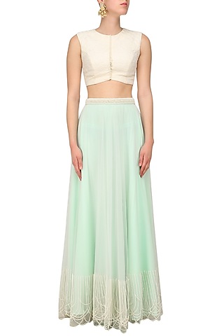 Powder Blue Pearl Embroidered Pleated Skirt by Archana Rao