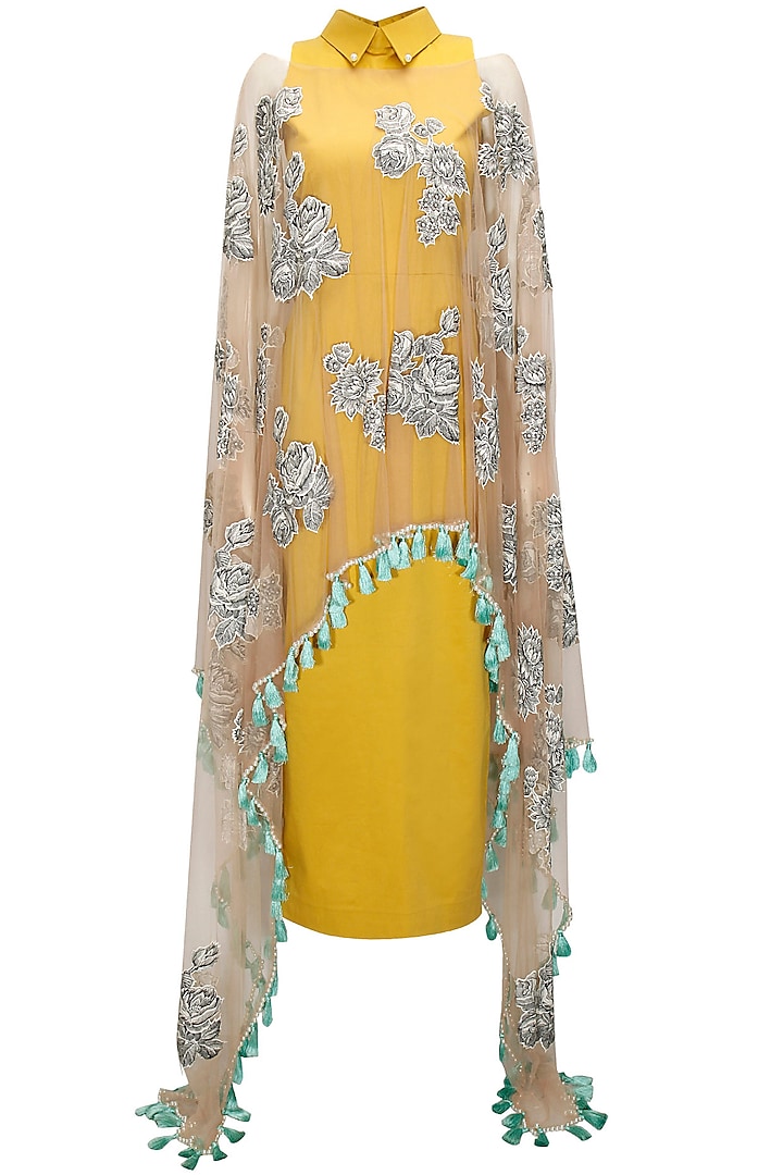 Mustard net overlay collared dress by Archana Rao