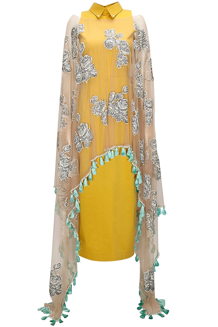 Mustard net overlay collared dress available only at Pernia's Pop-Up Shop.