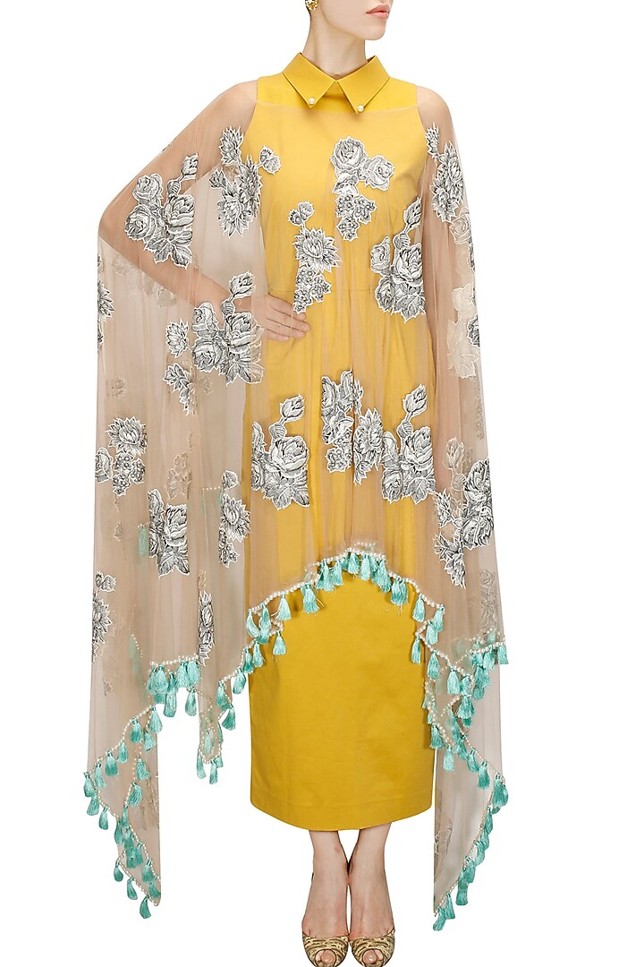 Mustard net overlay collared dress available only at Pernia's Pop-Up Shop.
