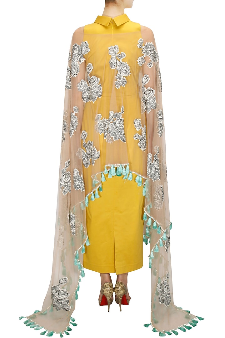 Mustard net overlay collared dress available only at Pernia's Pop-Up Shop.