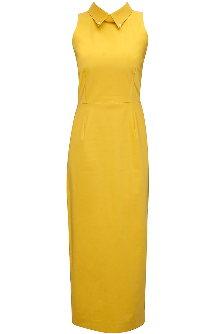 Mustard net overlay collared dress available only at Pernia's Pop-Up Shop.