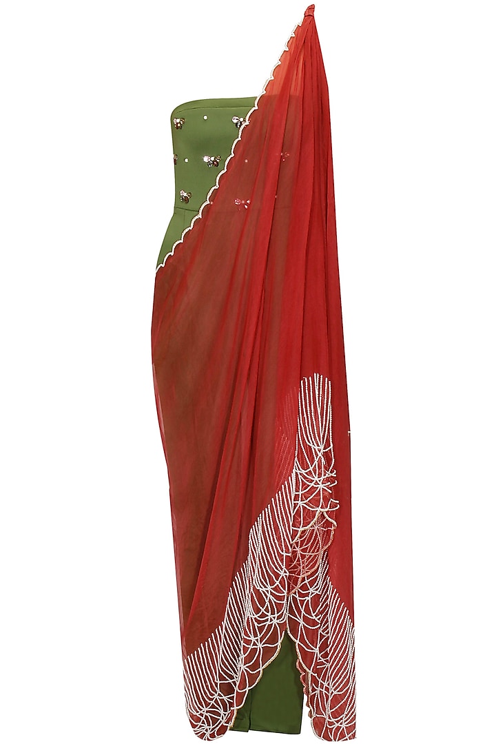 Green and maroon draped sari by Archana Rao