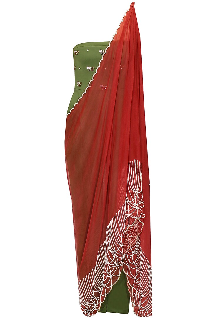Green and maroon draped sari available only at Pernia's Pop-Up Shop.