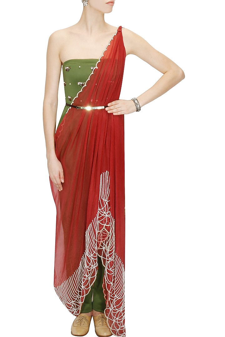 Green and maroon draped sari available only at Pernia's Pop-Up Shop.