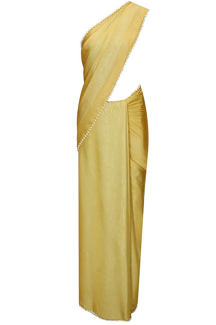 Mustard and mint blue two way sari with nude blouse available only at Pernia's Pop-Up Shop.