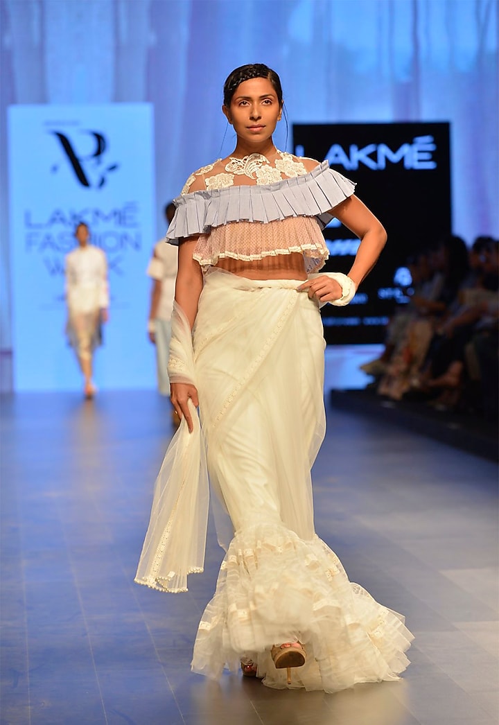 White and blue high neck lace applique crop top by Archana Rao