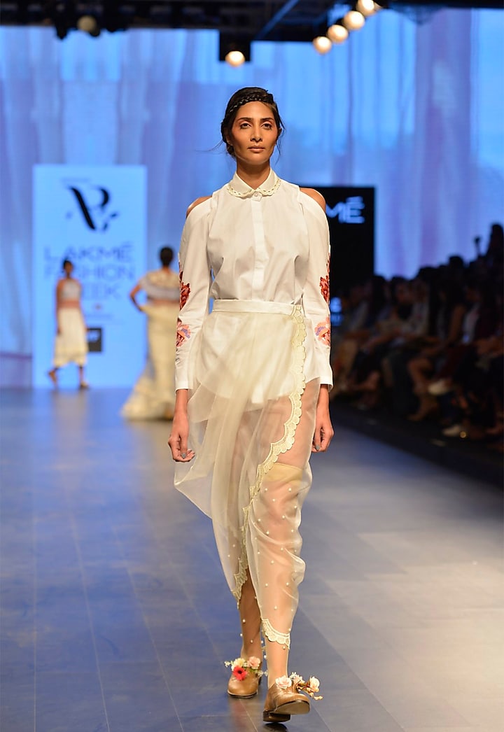 White rose embroidered cut out sleeve shirt by Archana Rao