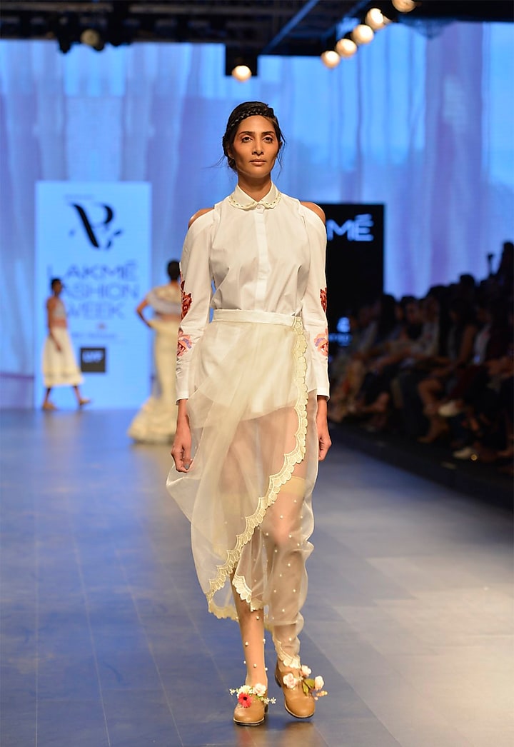 White pearl embroidered drape skirt by Archana Rao