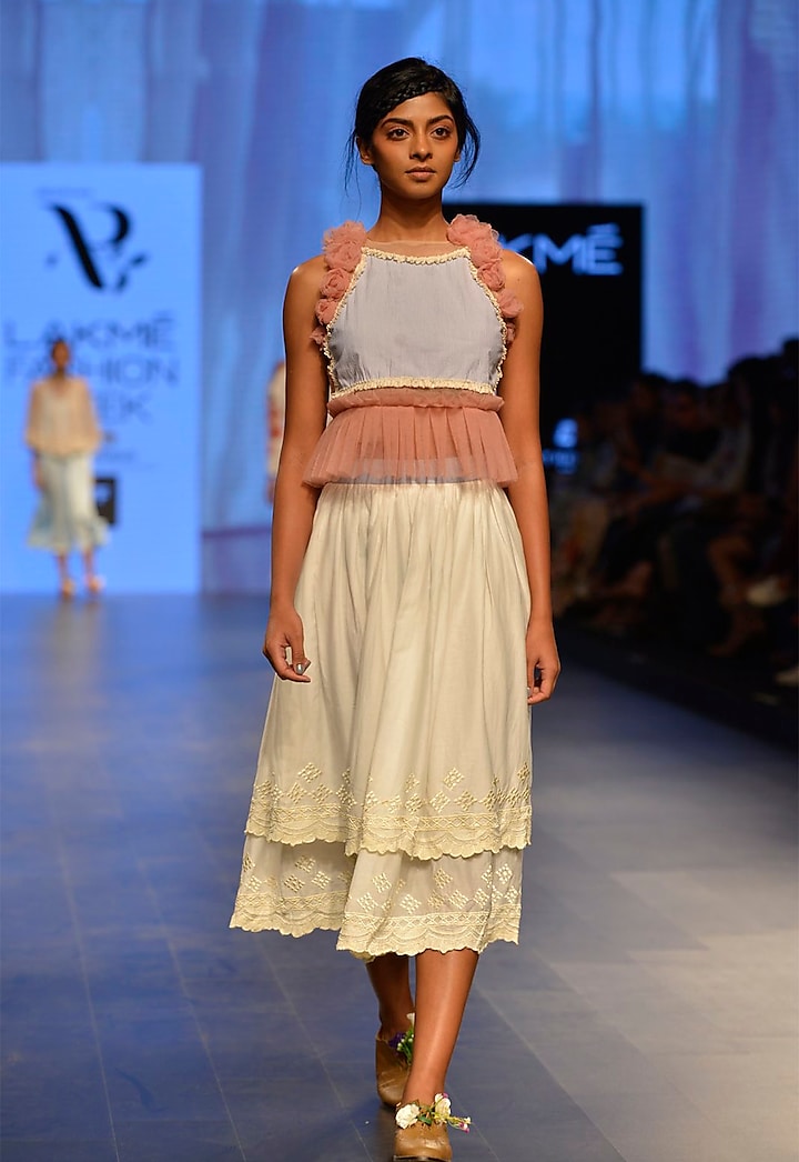 White embroidered double hem skirt by Archana Rao