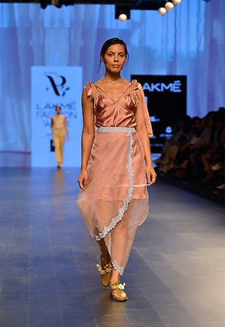 Pink polka dot organza wrap skirt by Archana Rao