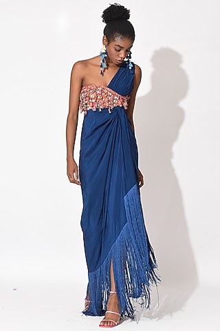 Electric Blue & Ochre Crepe Cutwork Bodysuit Dress by Rishi & Vibhuti