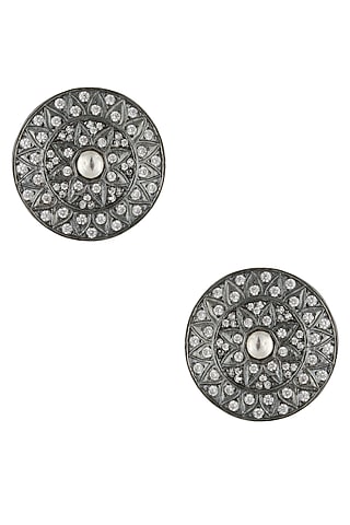 Antique Silver Glossy Finish Zircons Round Stud Earrings by Art Karat